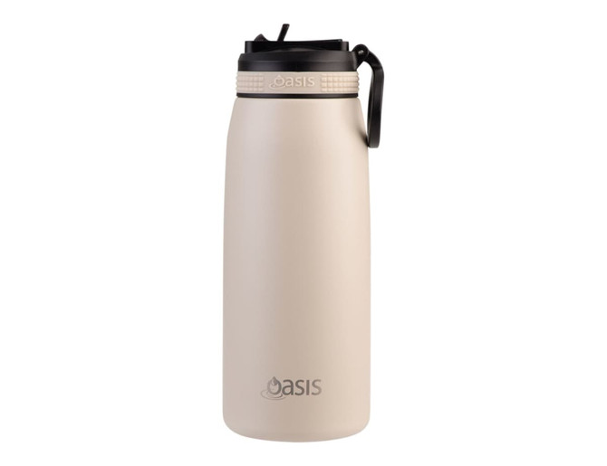 A drink bottle in a light beige colour with a black lid and a handle, featuring a logo. Ideal for hydration on the go.