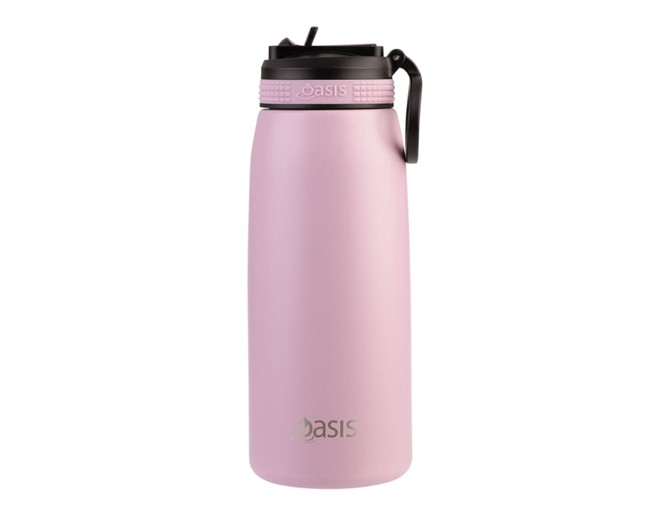 A drink bottle in pink with a black spout and handle, featuring a logo on the front.
