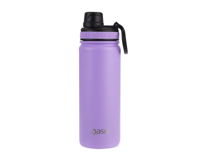 A drink bottle in lavender with a black screw cap and a carry handle, featuring a logo.