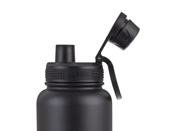A drink bottle in matte black featuring a screw cap and a hinged lid, with a logo on the body.
