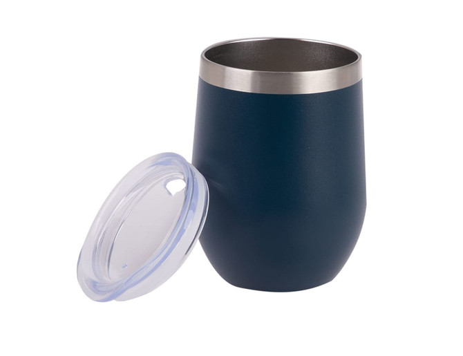 A vacuum wine tumbler in navy blue with a silver rim and a clear lid. Contains a logo.