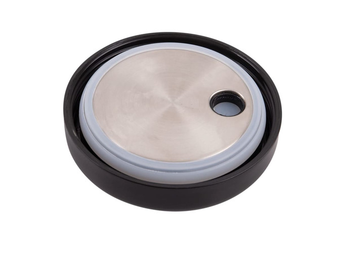 A black vacuum food pod lid with a stainless steel top and a circular shape. It features a small opening.