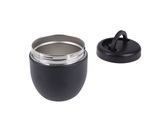 A vacuum food pod in matte black with a silver interior and a removable lid. Features a handle on the lid.