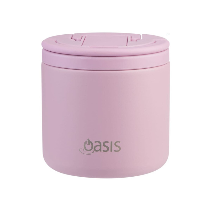 A drink bottle in pastel pink, featuring a vacuum insulation design and a spork, with a logo on the side.