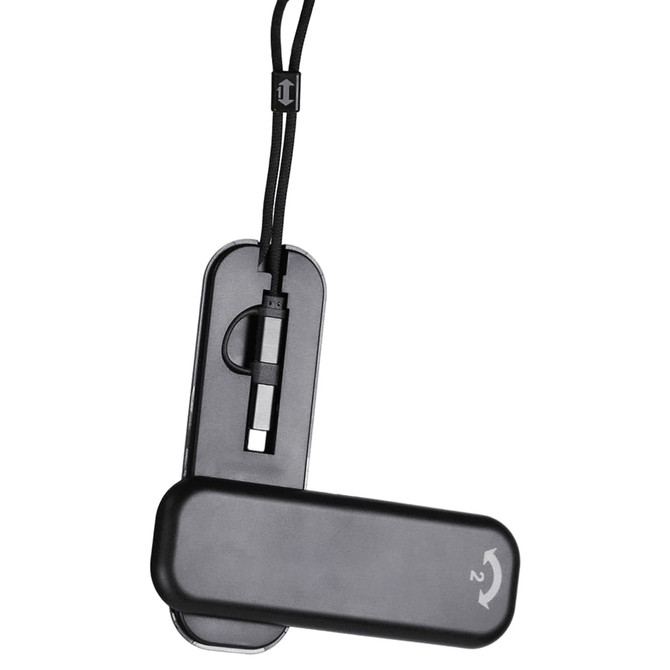 A foldable black charging cable with multiple connectors and a wireless watch charger, featuring a logo.