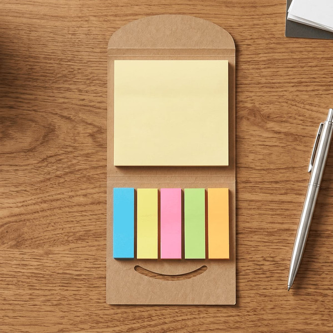 A FSC sticky note pad featuring a yellow note and five coloured tabs (blue, pink, green, orange) on a kraft holder.