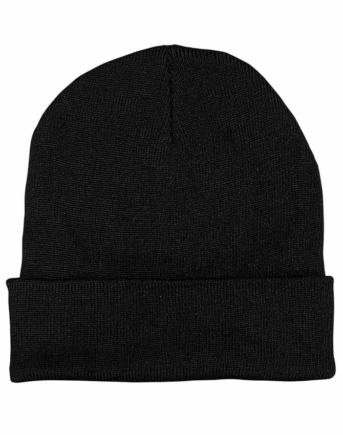 A black beanie with a folded brim, made from rPET material, featuring a branding logo.