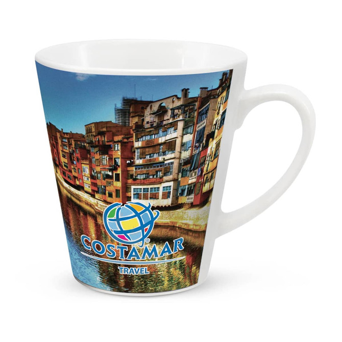 A white coffee mug featuring a vibrant image of colourful buildings by a river and a logo.