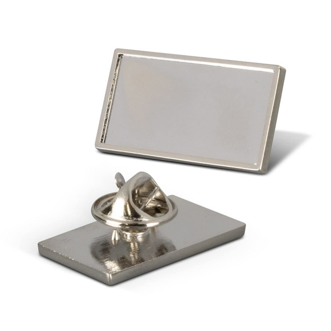 A rectangular lapel pin in silver, featuring a smooth surface and a secure backing.
