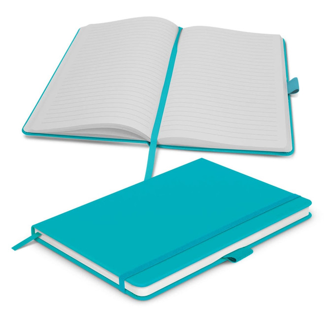 A turquoise notebook with a soft cover, featuring lined pages and a matching ribbon bookmark.