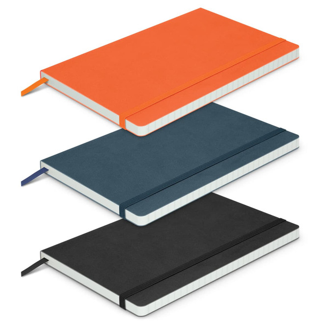 Three Hudson Notebooks in orange, navy, and black, featuring elastic closures and ribbon bookmarks. Each has a logo.