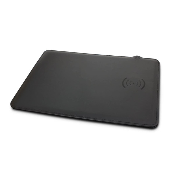 A black wireless charging mouse mat with a subtle logo in the top corner, designed for charging devices.