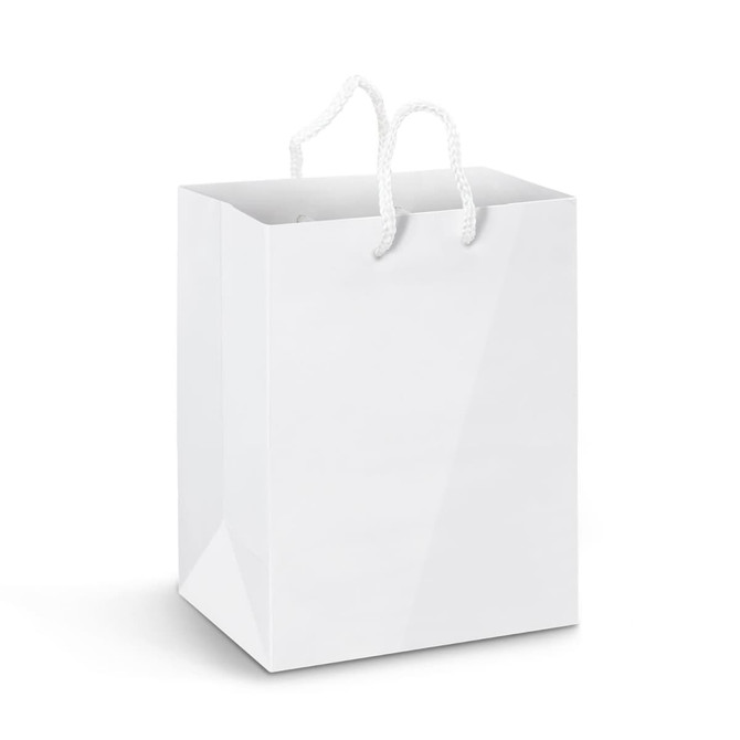 A large white laminated paper carry bag with rope handles and a glossy finish, featuring a logo.