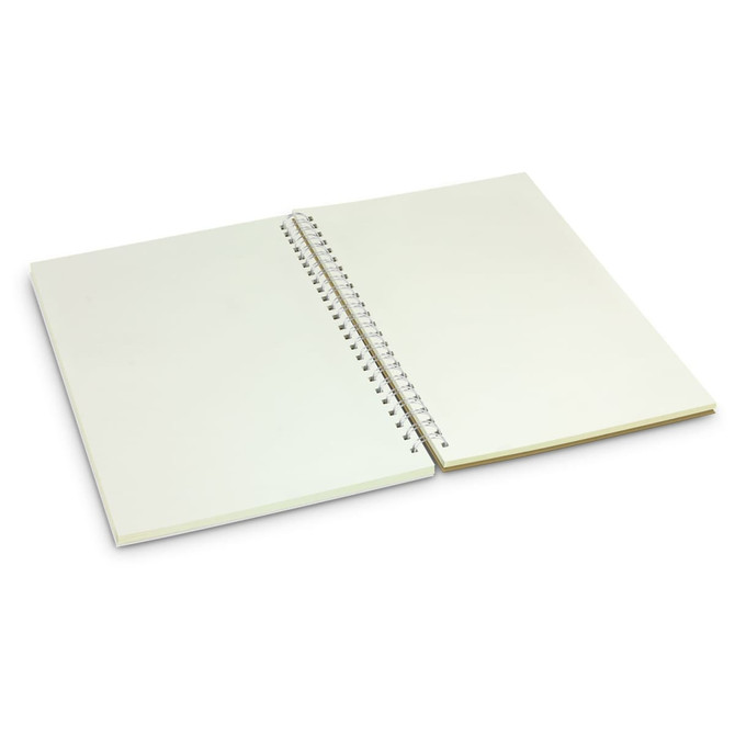 A medium spiral-bound notebook with plain white pages and a yellow spine. It features a branded logo on the cover.
