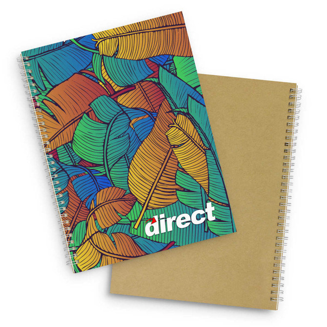 A large, spiral-bound notebook featuring a vibrant leaf pattern and a plain brown cover on the reverse side.