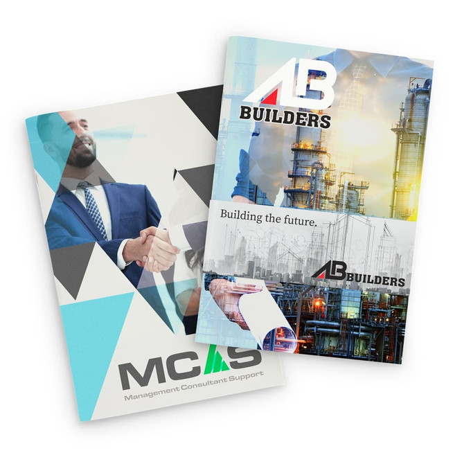 A medium-sized notebook with a geometric design in blue and white, featuring a logo and an industrial-themed cover.