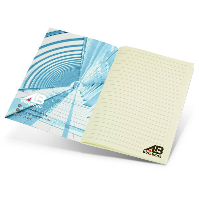 A medium notebook with a blue and white cover design and lined pages, featuring a logo on the bottom right.