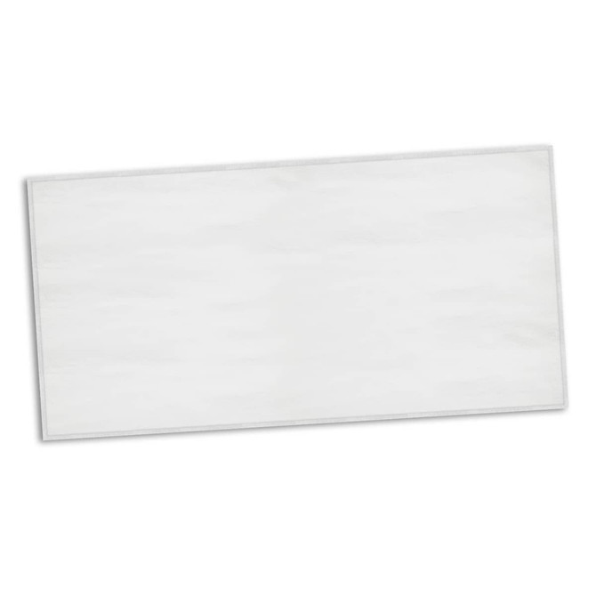 A large, white beach towel featuring a bordered edge and a branding logo. Suitable for leisure and outdoor activities.