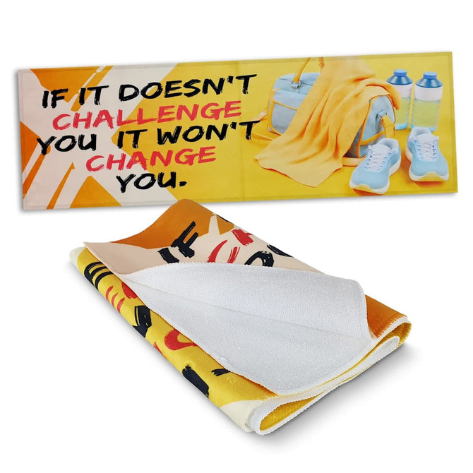 A full-colour sports towel in yellow and orange, featuring a logo and a soft, absorbent texture.