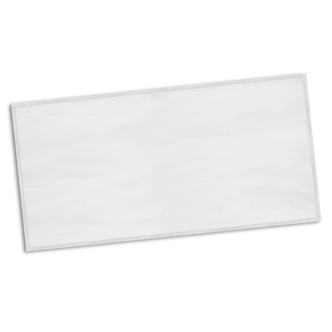 A full-colour gym towel in white with a stitched border and a branding logo in one corner.