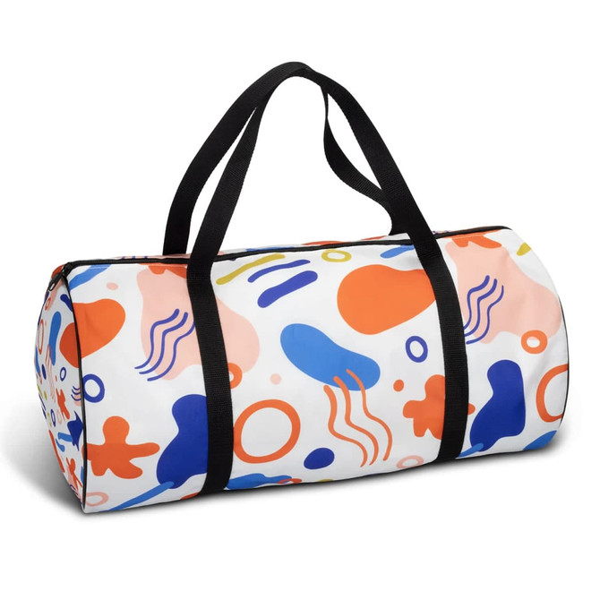 A colourful duffle bag featuring abstract shapes in orange, blue, and pink, with black handles. It has a logo.