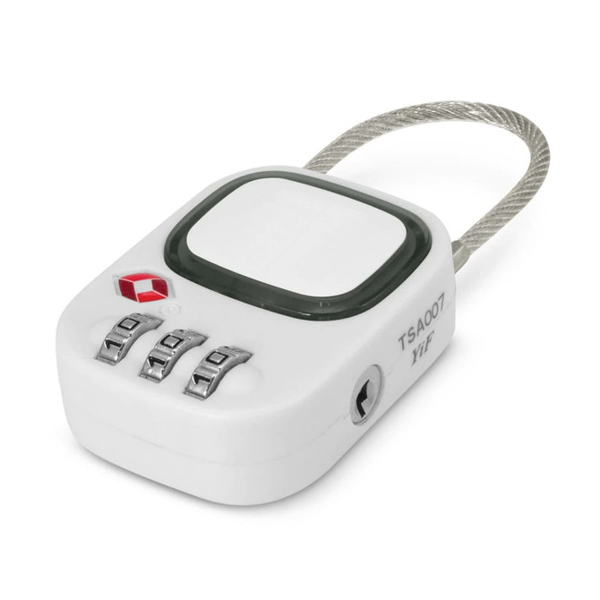 A white TSA lock with a green button and a metal cable, featuring a combination dial and a logo.
