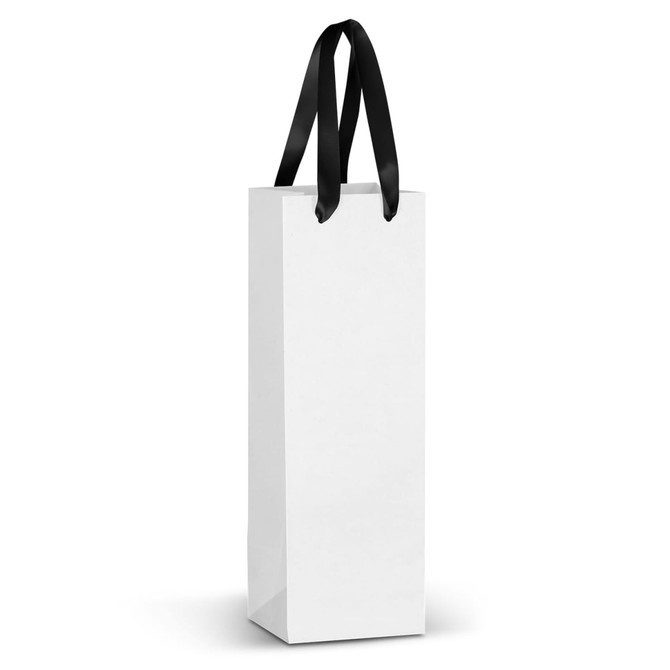A tall, white paper bag with black ribbon handles and a simple design. It features a logo on the surface.