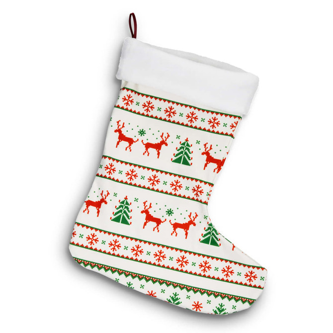A white Christmas stocking featuring red reindeer and green trees, accented with festive snowflakes and a fluffy top.