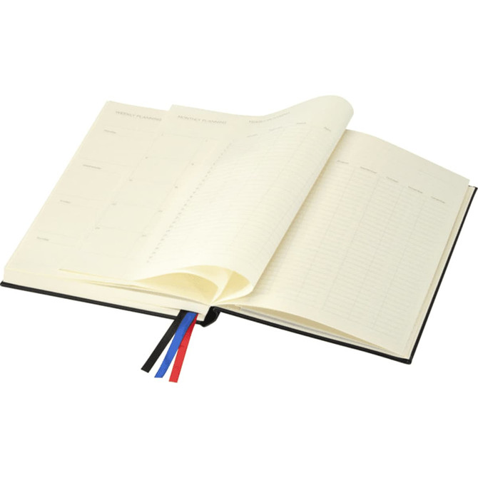 A black diary with cream pages, featuring ribbon bookmarks in blue, red, and black. It has a logo on the cover.