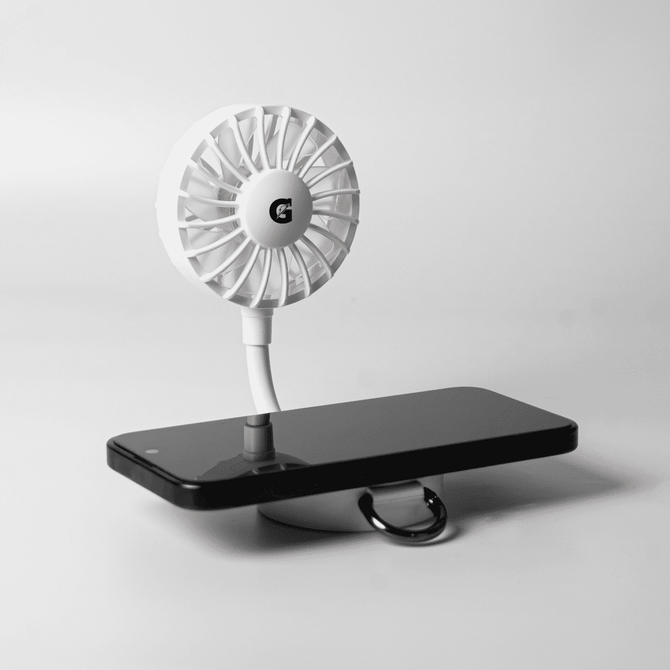 A white rechargeable fan with a flexible neck attached to a black phone stand. It features a logo on the fan.