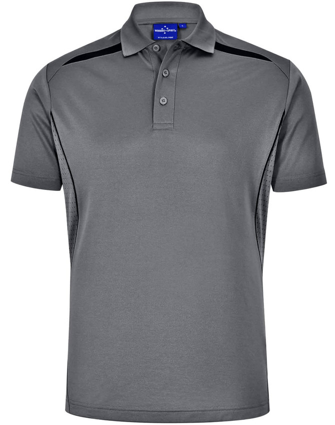 Men's sustainable poly/cotton polo shirt in grey with contrast black detailing and a logo on the chest.