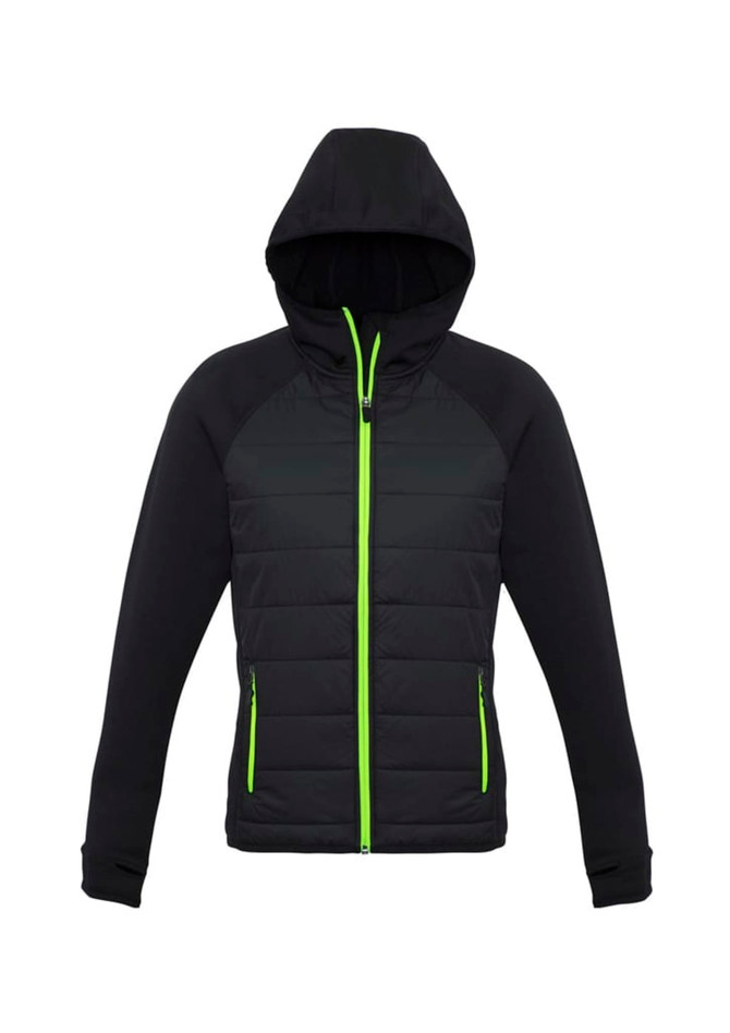 A black puffer jacket with a hood and fluorescent green zippers. It features a logo on the front.