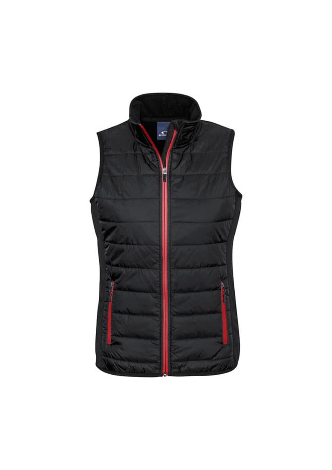 A black women's vest with a zip front, featuring red accents and side pockets. It has a high collar.