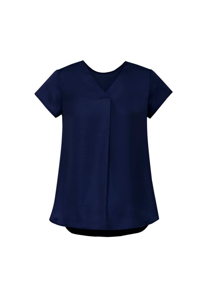 A navy blue women's V-neck pleat blouse with short sleeves and a relaxed fit. It has a minimalistic design and a logo.