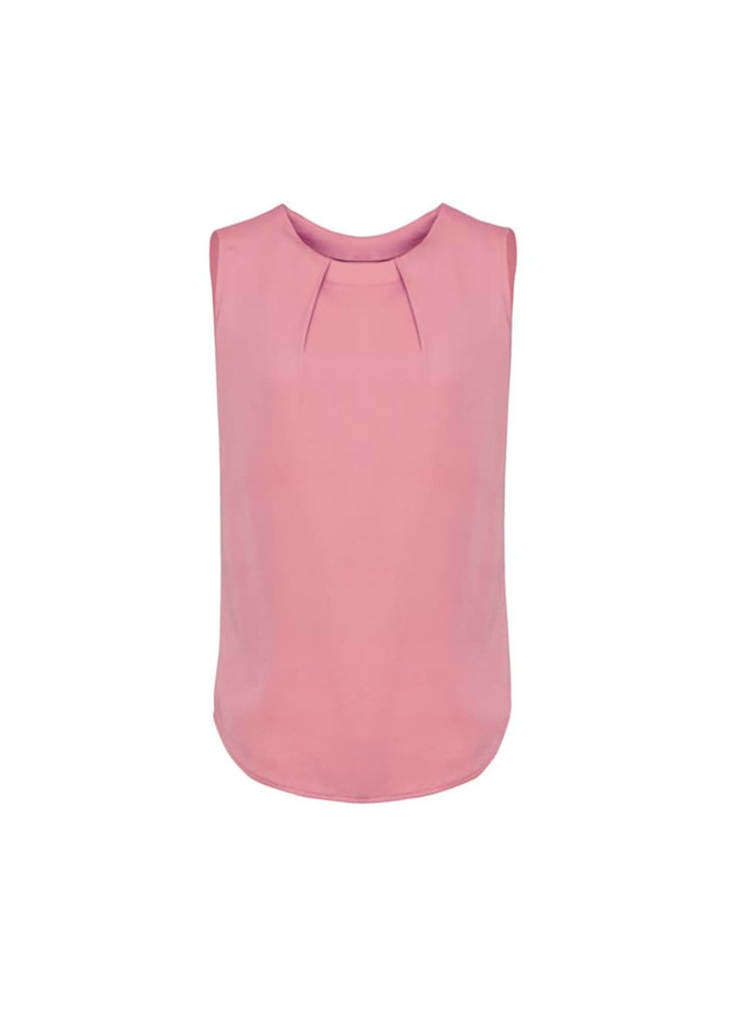 A pink, sleeveless blouse featuring pleat details, with a rounded neckline and a straight hem.