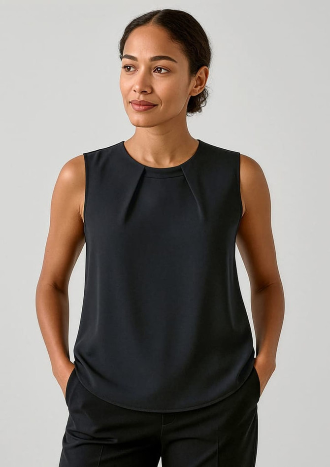 A sleeveless black blouse featuring pleat detail, styled with a simple round neckline.