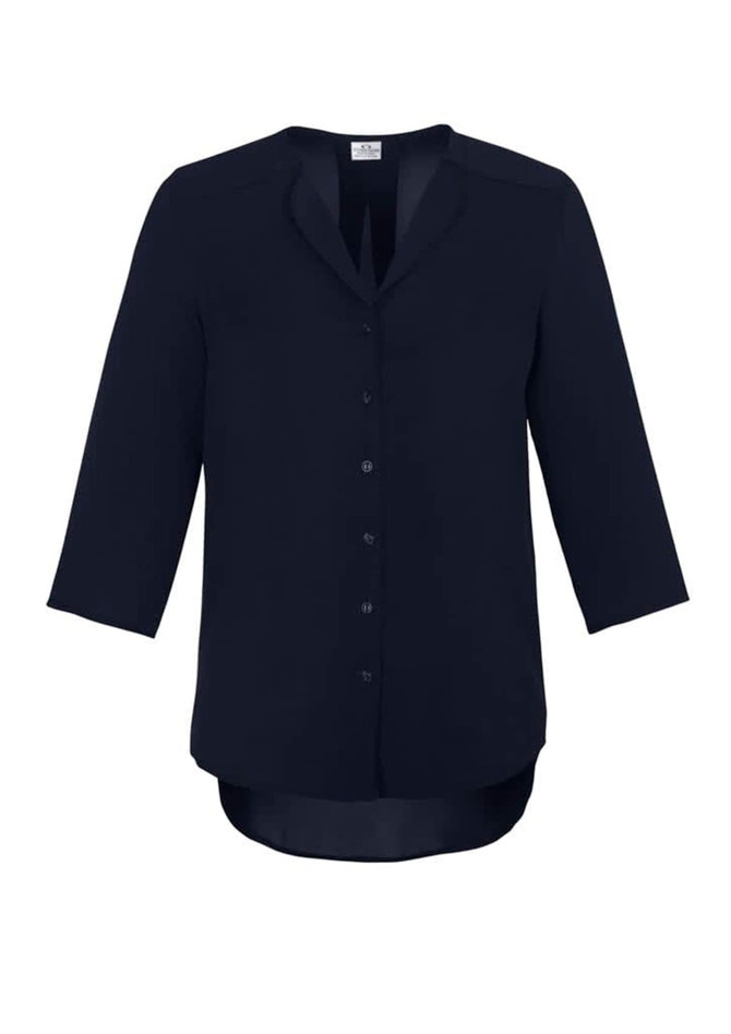 A women's longline blouse in navy blue with a button-up front and three-quarter sleeves. Features a logo on the label.