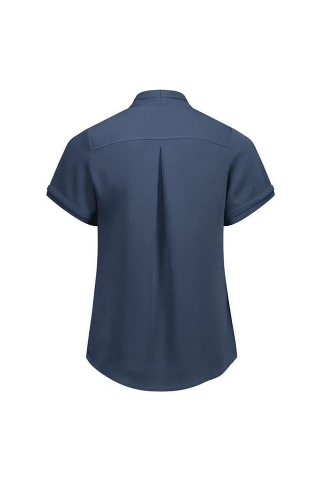A short-sleeve women's button-up shirt in navy blue, featuring a back pleat and a collar. It has a logo on the fabric.