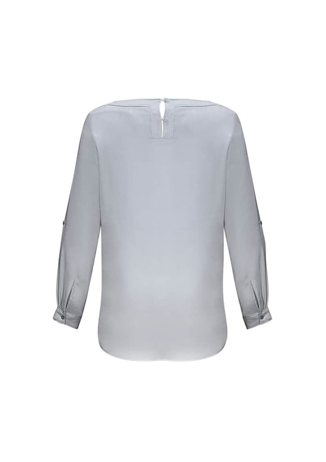 A light grey women's Madison boatneck top with long sleeves and button details at the cuffs. It has a back closure.