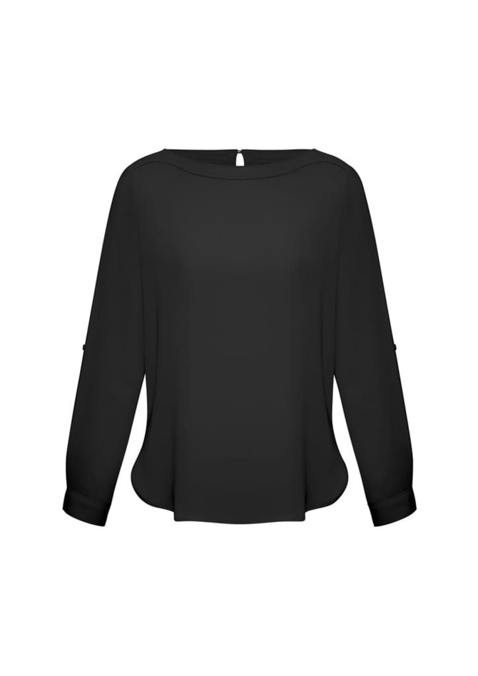 A black women's Madison boatneck top with long sleeves and a subtle curved hem. Features a back keyhole detail.