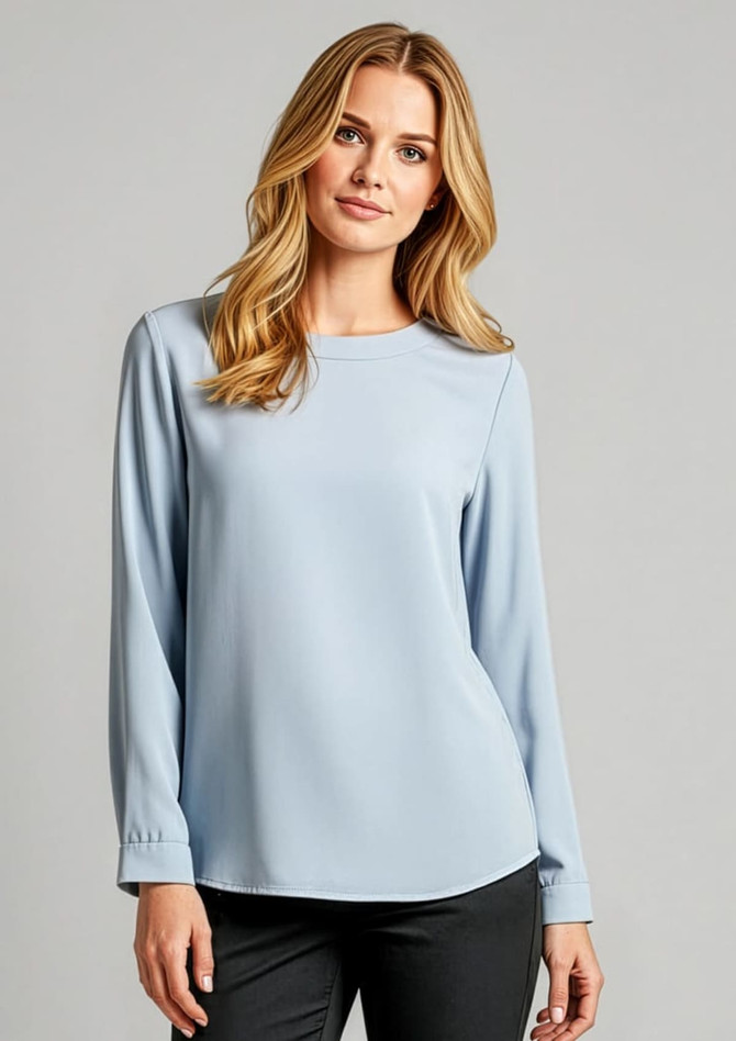 A light blue women's boatneck top with long sleeves and a relaxed fit, featuring a subtle logo.