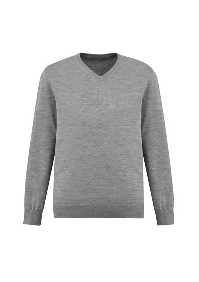 A grey knitted pullover featuring a V-neck design and ribbed cuffs. It has a small logo present.