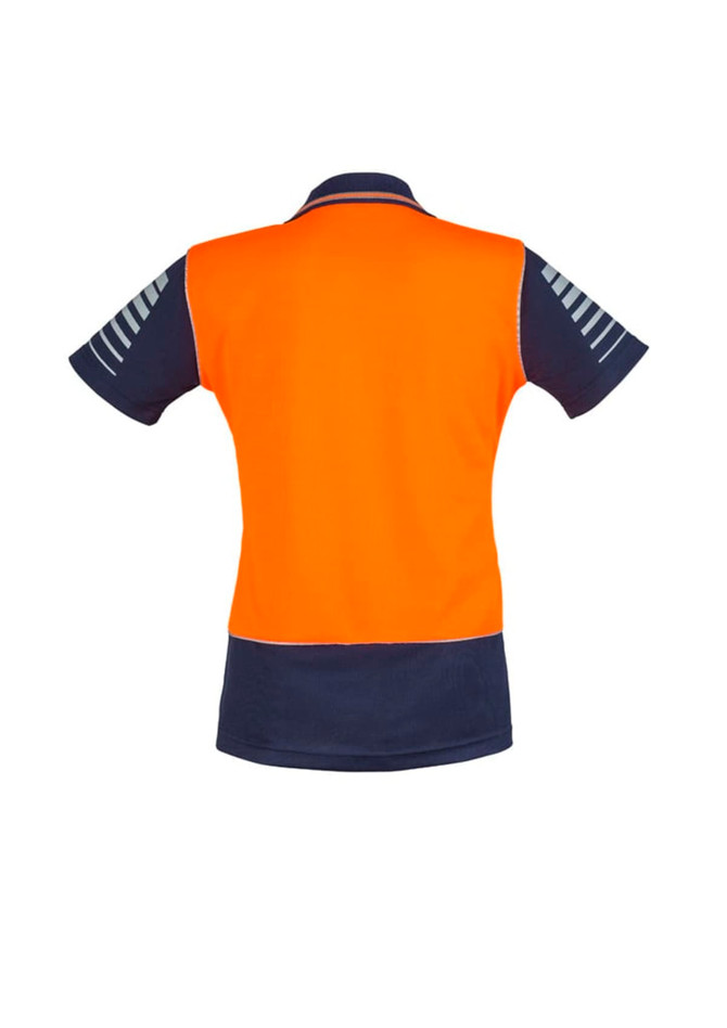 A short sleeve polo shirt featuring a high visibility orange back and navy blue sides, with a logo on the front.