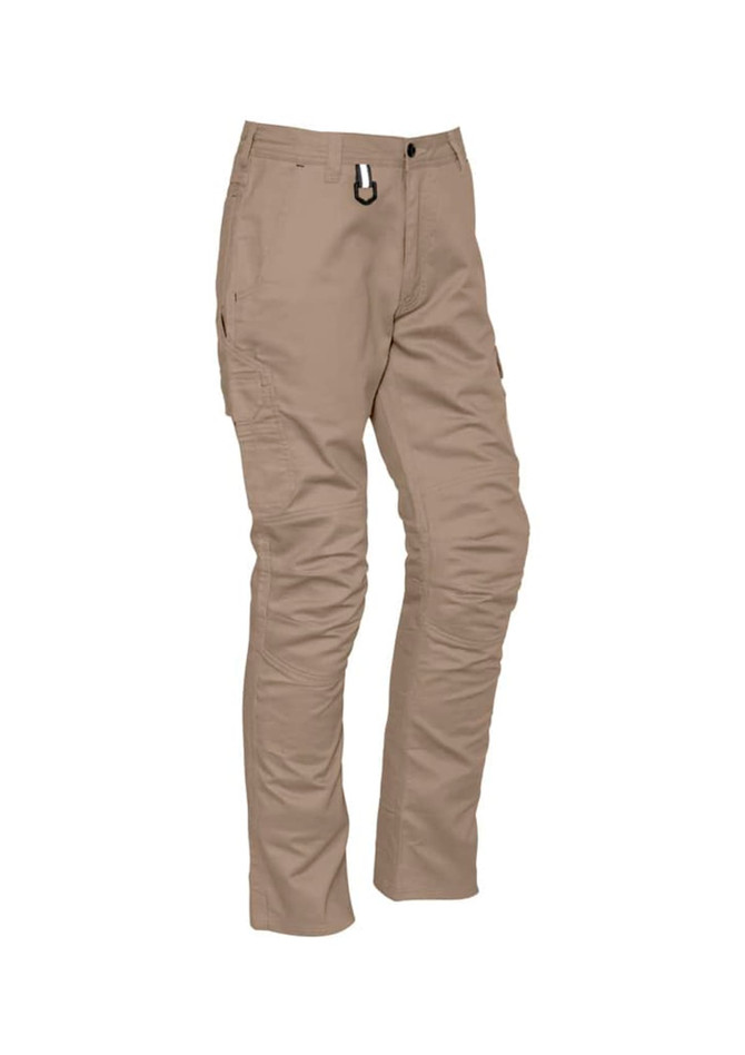 A pair of men's rugged cargo pants in a khaki colour, featuring multiple pockets and a clip detail.