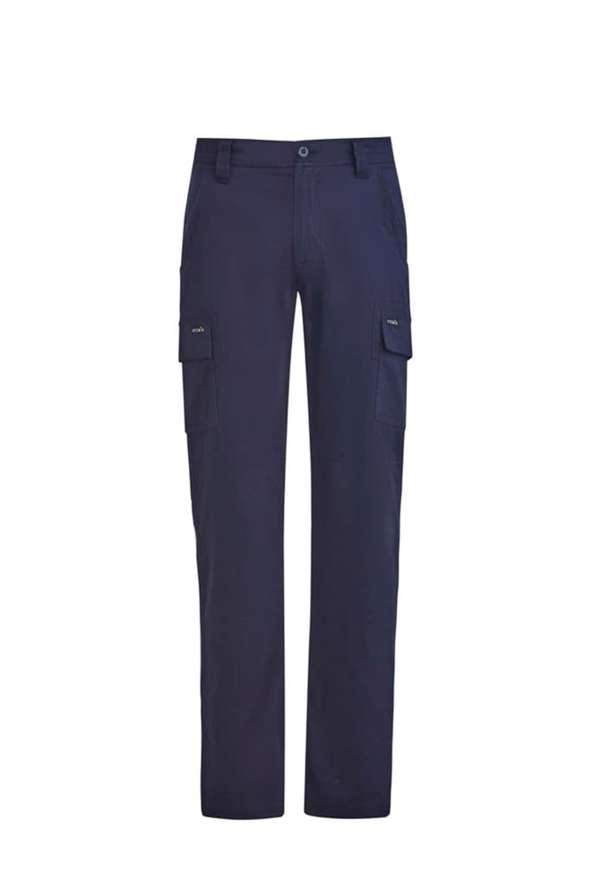 A pair of navy lightweight drill cargo pants with side pockets and a logo.