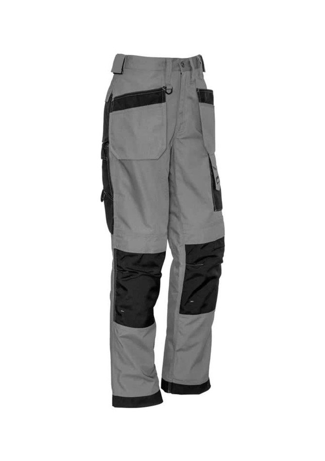 A pair of grey and black men's ultralite multi-pocket work pants with various pockets and a rugged design.