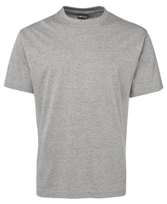A grey T-shirt featuring a round neck and short sleeves, with a logo on the neckline.