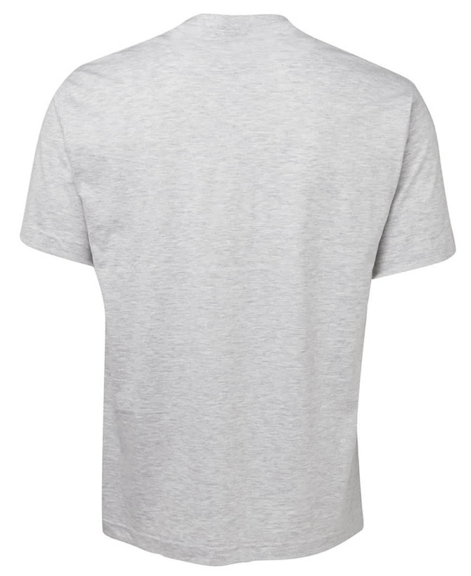 A plain grey T-shirt with a round neckline and short sleeves, featuring a logo on the back.