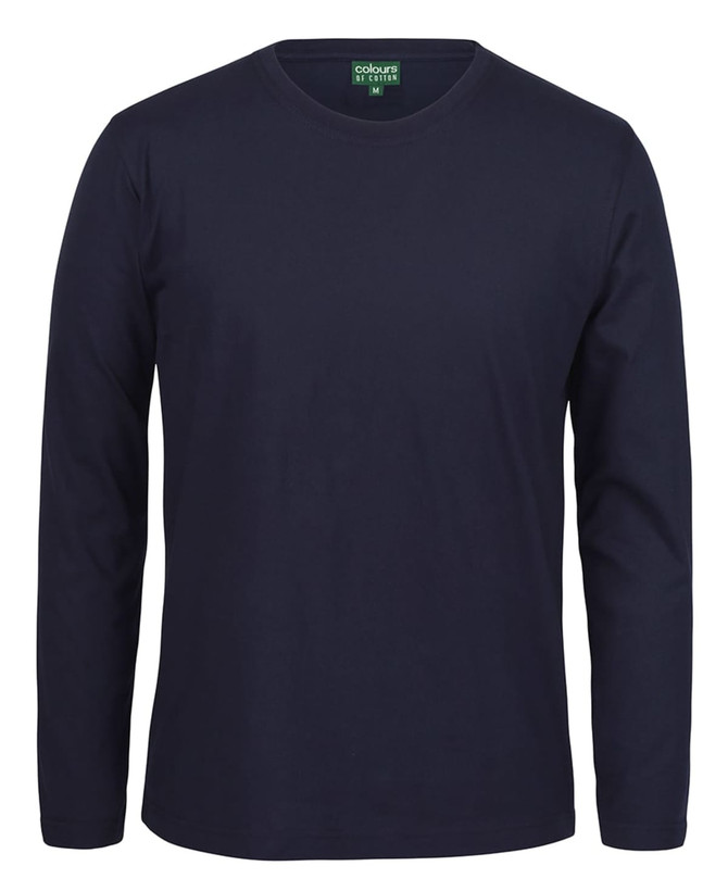 A long-sleeve navy blue T-shirt with a round neckline and a branding label on the inside.