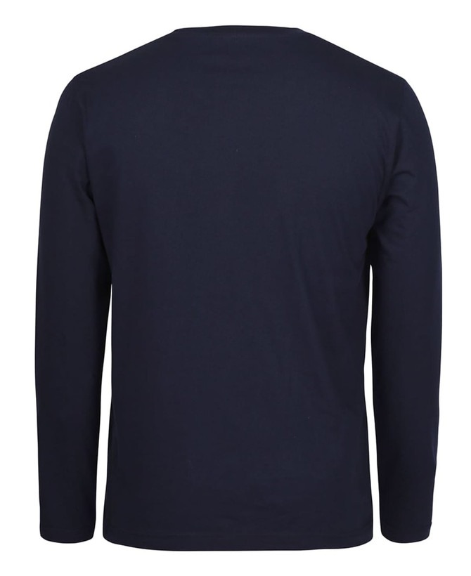 A navy long-sleeve t-shirt with a plain back view, featuring a simple design and a brand logo.
